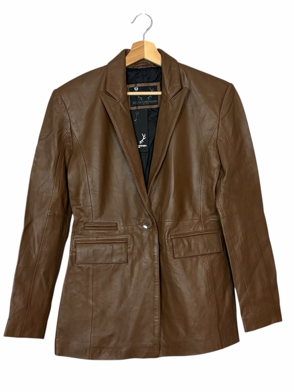Women's brown Leather Blazer - Tailored Single-Breasted Jacket - Picture 2 of 7